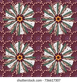 Neutral, green and purple background with flowers pattern. Vector floral seamless pattern.