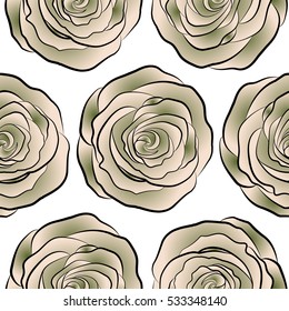 Neutral and green vector roses petals on a white background.