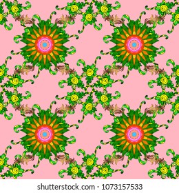 Neutral, green and yellow colors. Colored elements. Abstract vector decorative ethnic mandala sketchy seamless pattern.