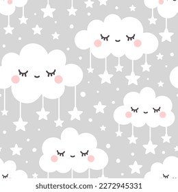 Neutral grey clouds with eyes and lashes pastel colors sky with stars, cute background seamless pattern for baby room decor, lamp shade and fabric, textile. Vector abstract repeat with sleepy clouds.