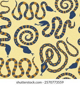 Neutral Ground with Navy and Gold Snakes, 6 colors, graphic, fun, cartoon, coiled, looped, seamless vector repeat