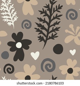 Neutral hand drawn botanical seamless pattern with aesthetic gray and beige colors. Cute floral endless vector illustration. Elegant underwear and bedding fabric, girly textile, neutral background 