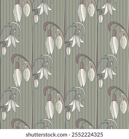 Fondo de patrón sin fisuras de Vector de flores de gota de nieve dibujado a mano neutral. Fondo floral a rayas con subgrupos de Vertical y flores. Diseño botánico estilizado. Repetición simétrica. Para jardín, impresión.