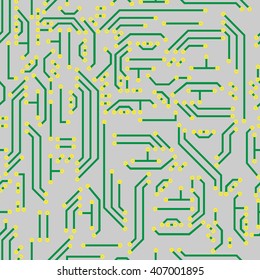 Neutral hi-tech vector seamless pattern - circuit board. Communication technology background in gray and green colors