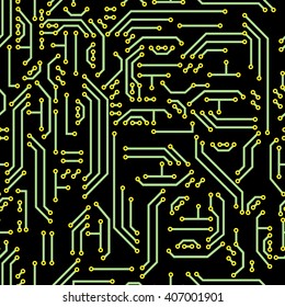 Neutral hi-tech vector seamless pattern - circuit board. Communication technology background in black and green colors