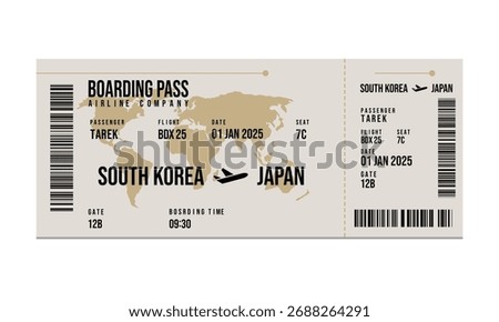 Neutral hued boarding pass with flight details showing departure from South Korea to Japan, passenger name, gate and barcode. Boarding time at 0930, Seat 7C.