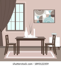 A neutral interior with table and chairs and a window with curtains.