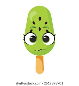 Neutral kiwi flavored green ice cream character Calm fruit dessert illustration Funny summer snack graphic with straight mouth Adorable green treat with wide eyes 