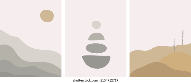 Neutral Landscape With Desert Dunes, Mountains And A Rock Garden. Hand Painted Wall Decor In Oriental Style. Cute Set In Earthy And Pastel Colors. Abstract Japanese Background. Modern Art Decor.