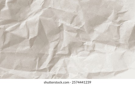 Neutral light beige crumpled paper background texture. Wrinkled creased old sheet