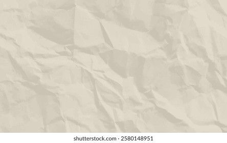 Neutral light beige crumpled paper, vector background texture. Wrinkled creased worn sheet