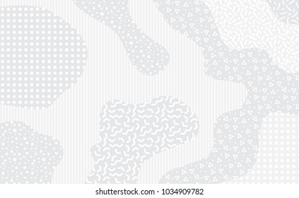 Neutral light gray mempis design background with various pattern elements. 80's abstract retro backdrop.  Vector illustration for your graphic design.