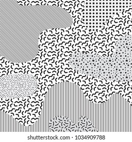 Neutral light gray mempis design background with various pattern elements. 80's abstract retro backdrop.  Vector illustration for your graphic design.