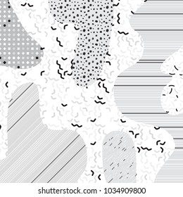 Neutral light gray mempis design background with various pattern elements. 80's abstract retro backdrop.  Vector illustration for your graphic design.