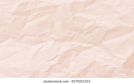 Neutral light pink wrinkled paper, vector background texture. Crumpled creased worn sheet