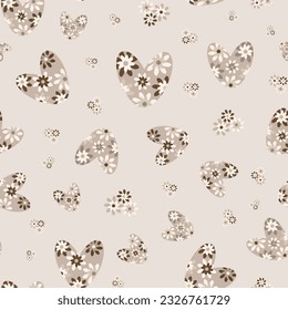 Neutral light taupe folk art heart vector seamless pattern backdrop. Cute Scandinavian hearts design with red hearts background. Repeat all over print for baby, kids