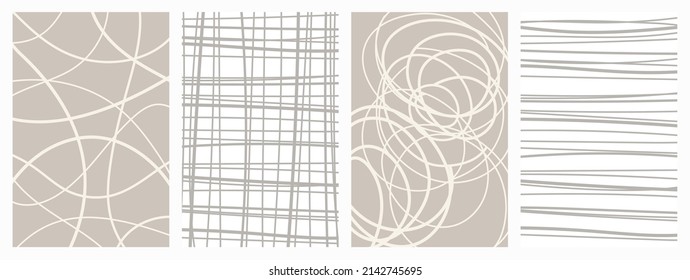 Neutral line posters collection of white and beige colors. Abstract curly line prints in minimalist style. Scandinavian art stripes illustrations.