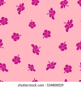 Neutral and magenta ornament of simple hibiscus flowers, vector abstract seamless pattern for design and textile.