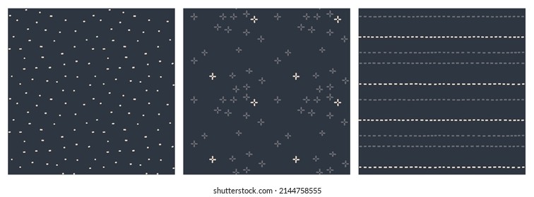 Neutral masculine seamless pattern set with small graphic elements on dark grey background.