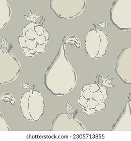 Neutral mid-century modern style apples, pears, plums, berries. Seamless vector pattern background. Pastel beige orchard fruit. Hand-drawn inky blot outlines with ecru color fill. For gender neutral