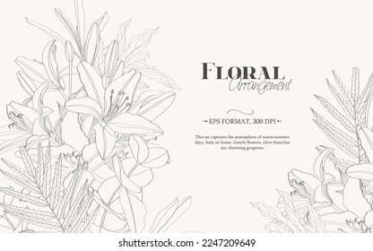 Fondo neutro mínimo en colores pastel con flores de lirios. Ilustración para invitación, tarjeta de saludo, embalaje, diseño de marca, banner, presentación, afiche, publicidad.