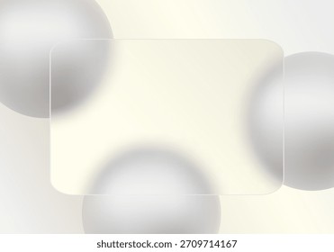 Minimalismo neutro, esferas de color gris claro y un rectángulo esmerilado transparente en estilo de morfismo de vidrio. Eps 10