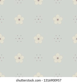 Neutral monochrome seamless minimalist geometric pattern. Small ivory flowers and brown dots on pastel pale grey background. Repeat delicate monotone botanical pattern. Vector illustration.