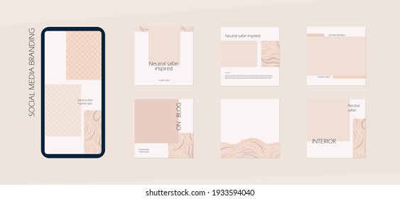 Neutral Nude Safari Social Media Branding Template. Instagram Feed Background Layout Mockup In Beige Colors. For Interior, Architecture, Beauty, Cosmetics, Fashion Content. Minimal Vector Design