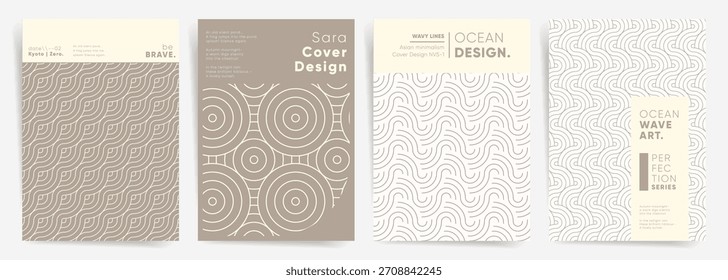 Neutral ocean wave line poster set. Minimal taupe and cream Japanese geometric covers for branding, brochure, flyer and packaging design.