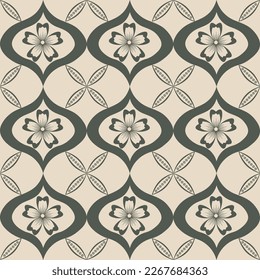 Neutral ogee botanical vector seamless pattern background with hand drawn ornamental leaves. Elegant geometric stylized floral deocrative backdrop. Botanical lattice repeat for flyer, packaging