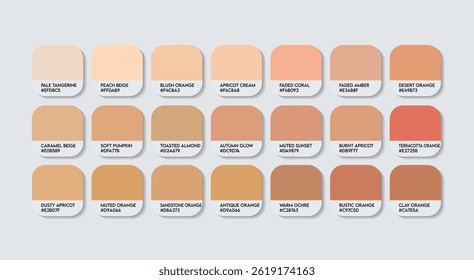 Neutral Orange Color Guide Palette with color Names. Catalog Samples of Neutral Orange with RGB HEX codes and Names. skin Color Palette, Fashion Trend Pantone Neutral paint Orange Color Palette