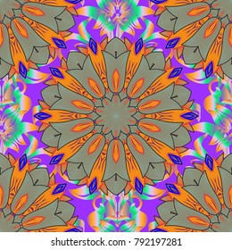 Neutral, orange and violet colors. Colored elements. Abstract vector decorative ethnic mandala sketchy seamless pattern.