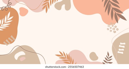 Neutral organic shapes modern background. Minimal banner with organic curvy shapes and leaves for advertising, ads, presentations, social media