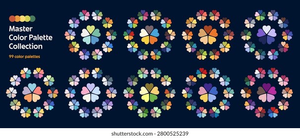 Neutral and pastel, cool and warm hue tone colors harmony palette swatches. Color palette of colours mix scheme with luxury modern bright range organization and colors gradient wheel chart guide