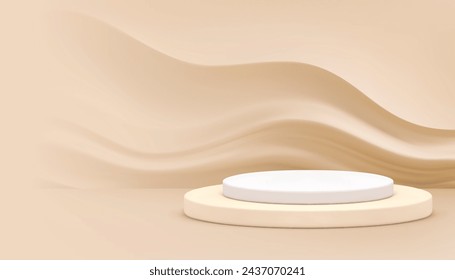 Neutral pastel podium 3d pedestal wave curved effect wall showroom mockup realistic vector illustration. Beige showcase display wavy ripple dynamic surface background minimalist aesthetic stand