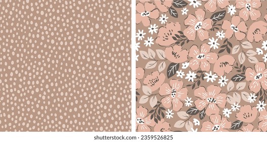 Neutral pastel tones, seamless illustrations' collection. Romantic flowers, double set of botanical pattern. Meadow beige wallpaper.