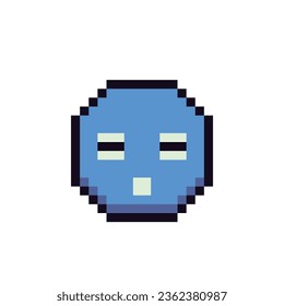 Cara de persona neutral, icono de arte de píxeles, personaje de caricatura de cabeza, sonrisa azul, estilo plano de 8 bits. La emoción del lenguaje. Ilustración vectorial abstracta aislada.