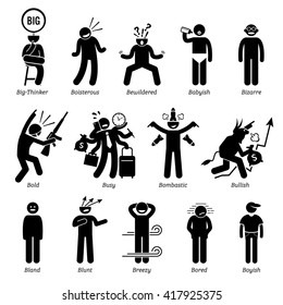 Neutral Personalities Character Traits. Stick Figures Man Icons. Starting with the Alphabet B.