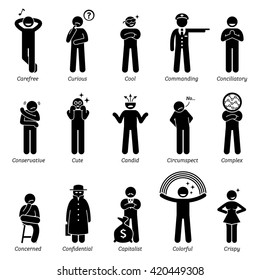 Neutral Personalities Character Traits. Stick Figures Man Icons. Starting with the Alphabet C.