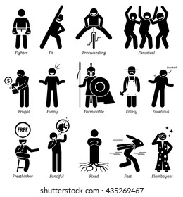 Neutral Personalities Character Traits. Stick Figures Man Icons. Starting with the Alphabet F.