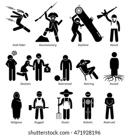 Neutral Personalities Character Traits. Stick Figures Man Icons. Starting with the Alphabet R.