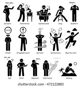 Neutral Personalities Character Traits. Stick Figures Man Icons. Starting with the Alphabet S.