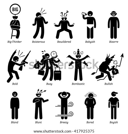 Neutral Personalities Character Traits. Stick Figures Man Icons. Starting with the Alphabet B.