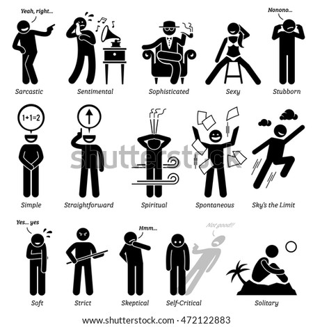 Neutral Personalities Character Traits. Stick Figures Man Icons. Starting with the Alphabet S.