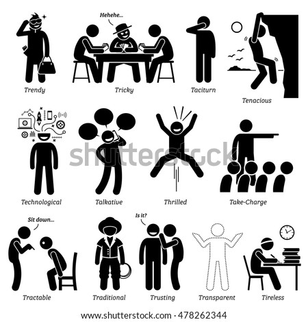 Neutral Personalities Character Traits. Stick Figures Man Icons. Starting with the Alphabet T.