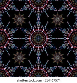 Neutral, pink and blue texture on black background. Graphic modern pattern. Abstract pattern in Arabian style. Seamless vector background.