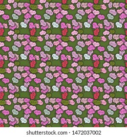 Neutral, pink and green Vector illustration. Valentines Day. Seamless pattern with Ethnic Hearts, in retro 80s style for fabric print, paper print and website backdrop.