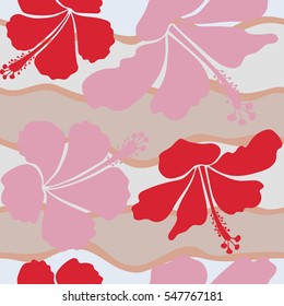 Of neutral and red hibiscus flowers, blossom with leaves isolated. Hibiscus flowers in neutral and red colors. Watercolor painting effect, Vector illustration. Hand drawn sketch.