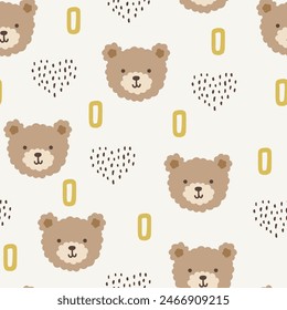 Neutral scandinavian han drawn teddy bear on a beige background with dots heart and boho elements