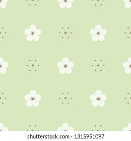 Neutral seamless minimalist geometric pattern. Small ivory flowers and grey dots on pastel pale green background. Repeat delicate botanical pattern. Vector illustration.
